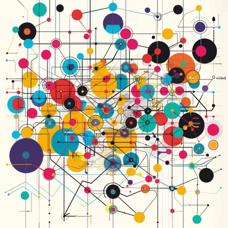 Abstract artwork with interconnected colorful circles and lines on a light background. The design features overlapping shapes in various sizes and vibrant colors such as red, blue, yellow, and black. The word "wicked" is subtly included in the design.