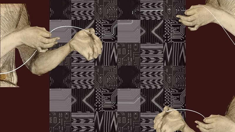 Illustration of hands holding strings against a background of circuit-like patterns and abstract designs in neutral tones. The juxtaposition suggests a blend of traditional and modern technological themes.