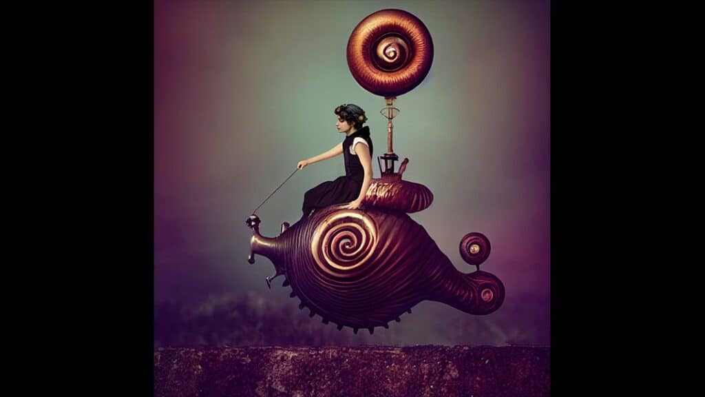 A woman in a black dress sits atop a large, mechanical snail-like creature with spiral designs. She holds reins connected to the creature's head. The background is a misty, surreal landscape with a gradient sky.