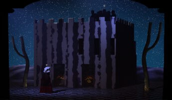 dmstfct, Waluigi’s Purgatory (2024) A surreal scene features a person in historical dress standing by a striped fortress structure under a starry night sky. Silhouetted figures are on the roof. Two barren trees and a checkered ground complete the enigmatic setting.