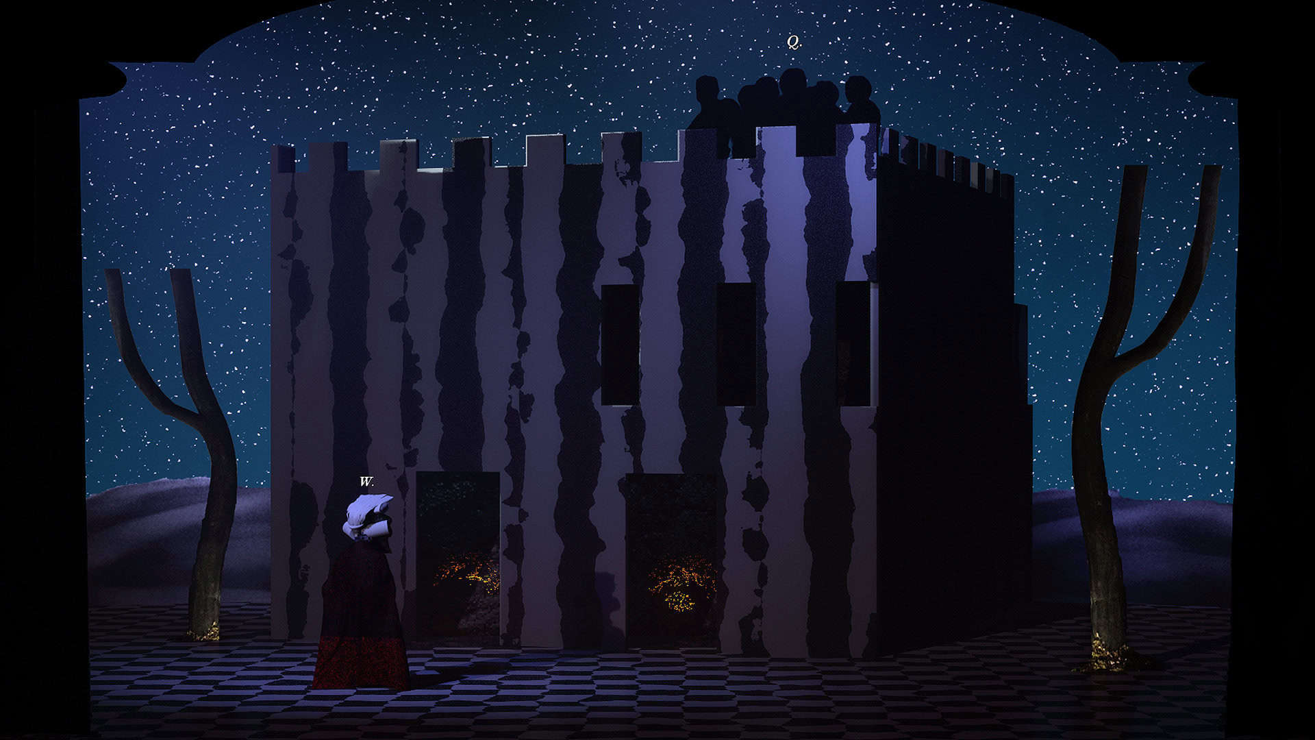 dmstfct, Waluigi’s Purgatory (2024) A surreal scene features a person in historical dress standing by a striped fortress structure under a starry night sky. Silhouetted figures are on the roof. Two barren trees and a checkered ground complete the enigmatic setting.