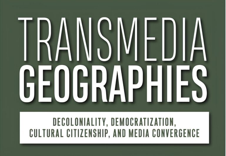Cover of "Transmedia Geographies" by Kevin Glynn and Julie Cupples. It features a person with traditional facial tattoos speaking to reporters holding microphones. The subtitle reads, "Decoloniality, Democratization, Cultural Citizenship, and Media Convergence.