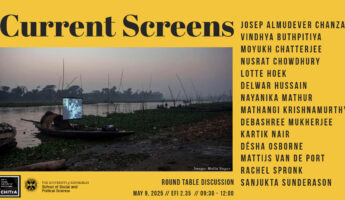 A yellow and black poster for "Current Screens" lists speakers' names alongside a river scene with boats and people at sunset. Event details show a round table discussion on May 9, 2025, at the University of Edinburgh.