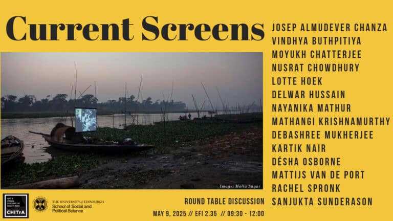 A yellow and black poster for "Current Screens" lists speakers' names alongside a river scene with boats and people at sunset. Event details show a round table discussion on May 9, 2025, at the University of Edinburgh.