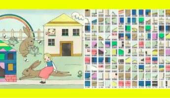 Diptych contrasting a whimsical pastel scene with large brown rabbits, a rainbow, and a girl in a red dress on the left, and a grid of numbered superpixels on the right - emphasizing the difference between emotive seeing and analytical interpretation.