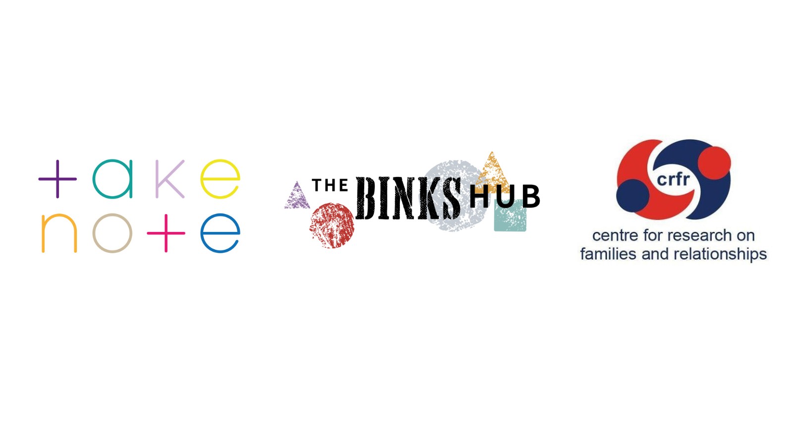 Three logos from left to right: "take note" in pastel letters, "The Binks Hub" with artistic stamp-like symbols, and "crfr centre for research on families and relationships" with a red and blue graphic.