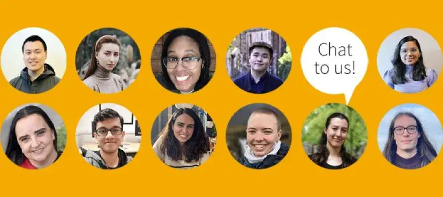 A collage of twelve people’s headshots, each in a circular frame, arranged in two rows against a yellow background. One photo includes a speech bubble saying, “Chat to us!”.