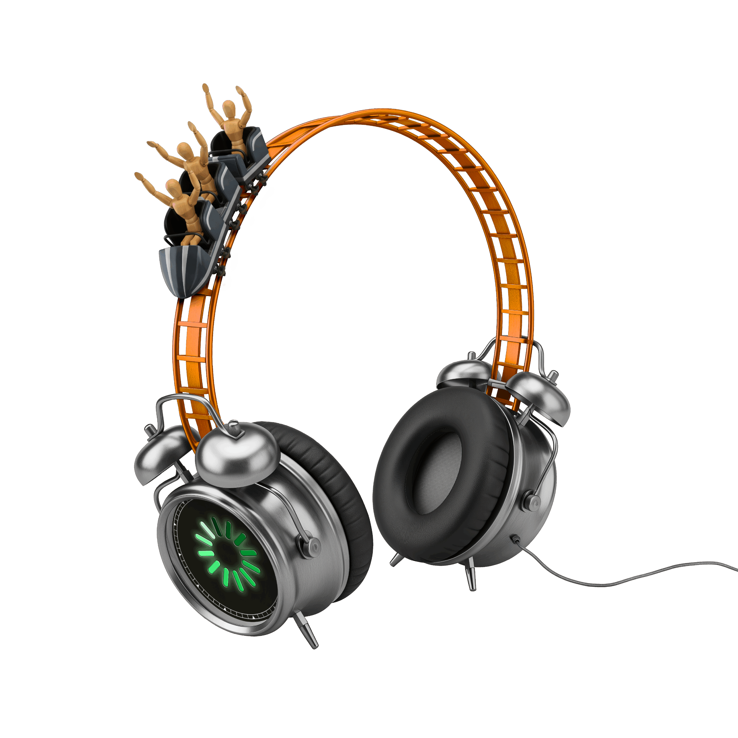 A pair of headphones made from silver alarm clocks as ear cups, connected by an orange roller coaster track with small cars and riders on top.