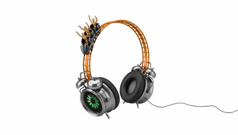 A pair of headphones designed with alarm clocks as ear cups and an orange roller coaster as the headband, featuring miniature roller coaster riders on the top.