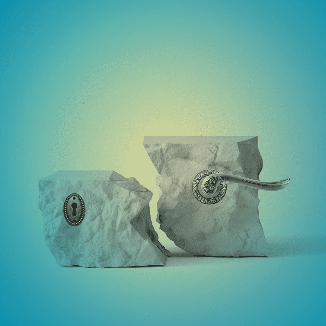 A smooth, minimalist 3D illustration featuring two blocks of stone with matching, intricate lock and key symbols. One block has a lock emblem, while the other has a key emblem extending from its surface. The background is an abstract gradient of blue and green.