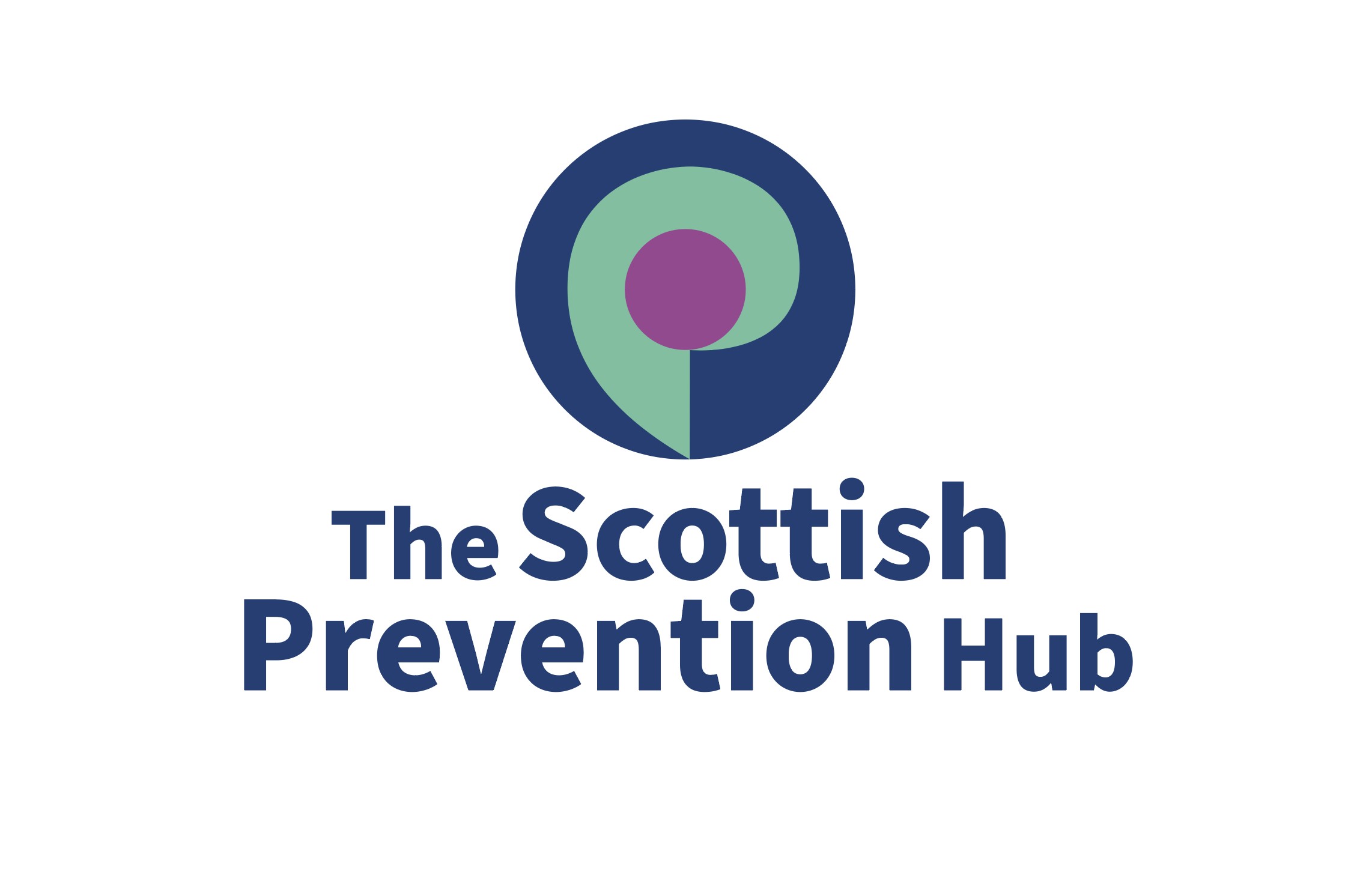 Logo for The Scottish Prevention Hub. It features a circular design with overlapping blue, green, and purple shapes above the organization’s name in bold blue text on a white background.