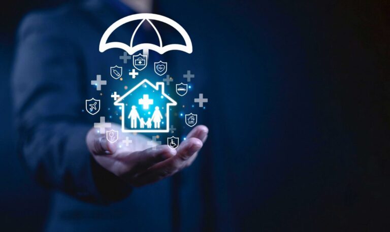 A person in a suit holds out their hand, above which are digital icons of a house, family, and umbrella, symbolizing protection and insurance. Various medical and security icons surround the main symbols.