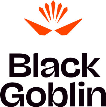 Logo with an abstract orange geometric design above bold black text that reads "Black Goblin" on a light background.