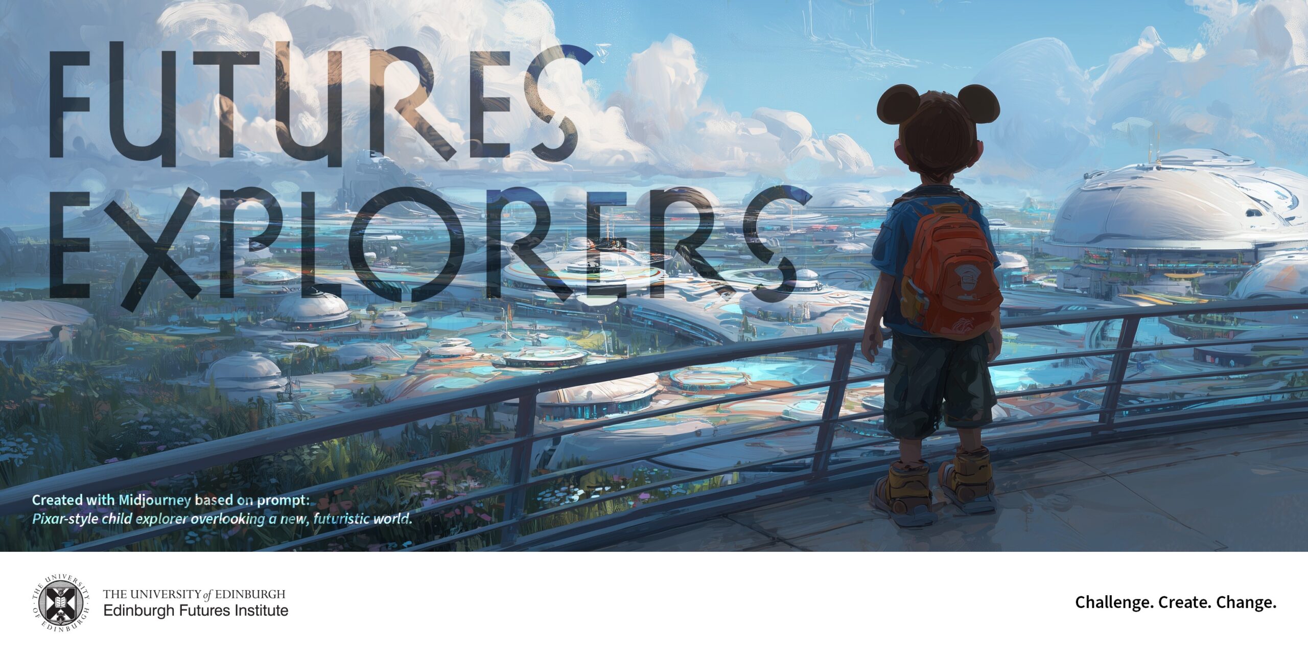 A child with a bear-ear hat and backpack stands on a balcony, overlooking a futuristic city with domed buildings and lush greenery. Large text reads "FUTURES EXPLORERS." Logos and the phrase "Challenge. Create. Change." appear below.