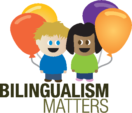 Cartoon of a smiling boy and girl holding balloons. The text below reads "Bilingualism Matters." The boy has blonde hair and a blue shirt; the girl has dark hair and a green shirt.