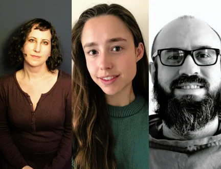 Three people are shown in separate vertical panels: a woman with short curly hair in a maroon top, a woman with long brown hair in a green sweater, and a bearded man with glasses in a light-colored shirt.
