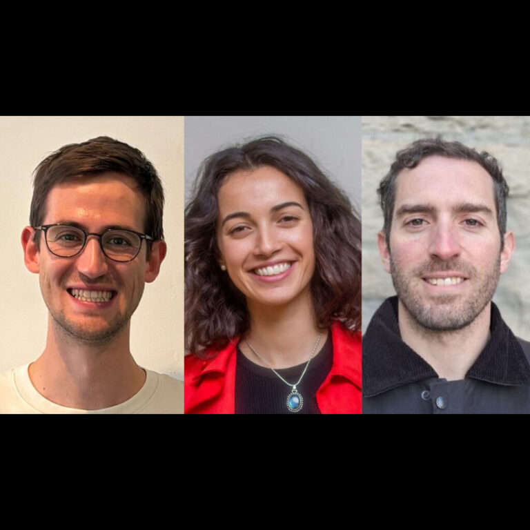 A collage of three people smiling at the camera. The first person wears glasses and a white shirt, the second person has curly hair and a red jacket, and the third person has short hair and a black jacket.