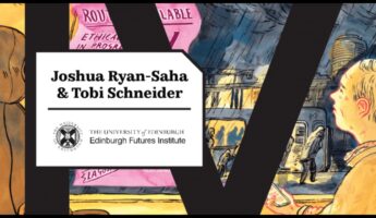 Illustrated background with a person looking at a cityscape. Overlay text reads "Joshua Ryan-Saha & Tobi Schneider, The University of Edinburgh, Edinburgh Futures Institute.