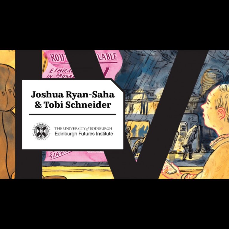 Illustrated background with a person looking at a cityscape. Overlay text reads "Joshua Ryan-Saha & Tobi Schneider, The University of Edinburgh, Edinburgh Futures Institute.