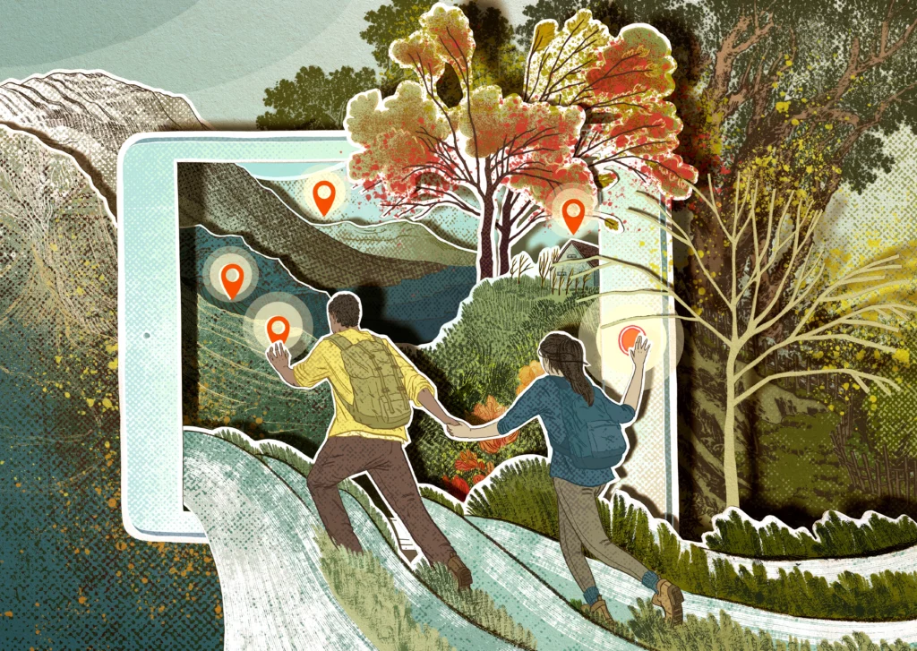 A man and woman holding hands hike toward a tablet screen showing a vibrant landscape with map location pins; the scene blends digital and natural worlds, with trees, mountains, and paths merging between the real and virtual.