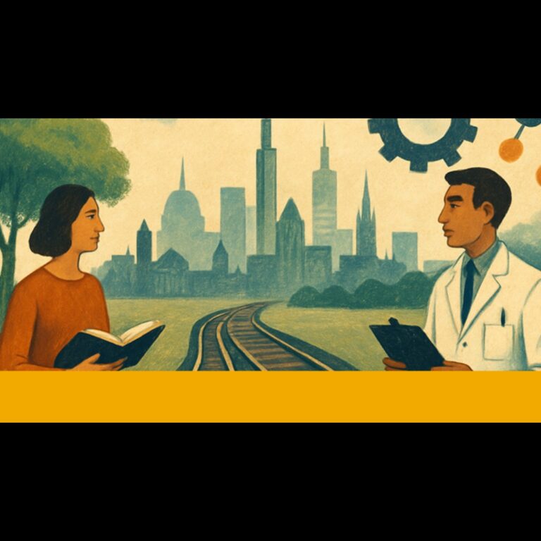 A woman holding a book and a man in a lab coat holding a clipboard face each other by train tracks, with a city skyline and large gears in the background.