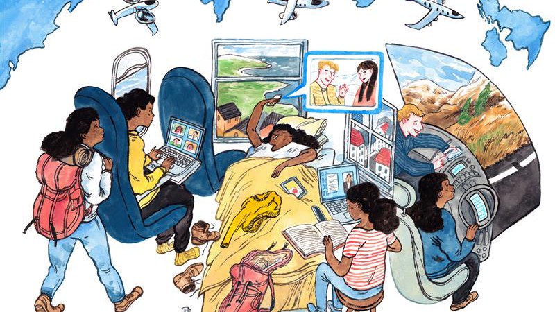 A woman experiences virtual travel: she walks with a backpack, works on a laptop in a plane seat, video calls from bed, reads books, and pilots a plane, all with travel scenes and airplanes in the background.