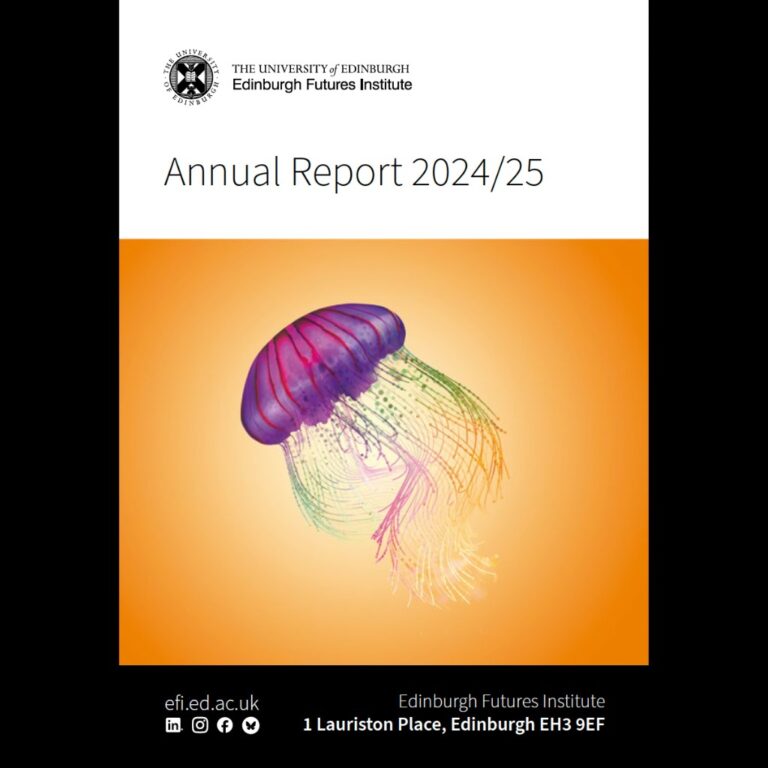 Cover of the Edinburgh Futures Institute Annual Report 2024/25 featuring a colorful jellyfish illustration on an orange background, with university and institute logos and contact details at the bottom.