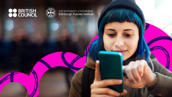 A young person with short blue hair uses a smartphone, with abstract pink shapes in the background. Logos for the British Council and the University of Edinburgh Futures Institute are visible at the top.