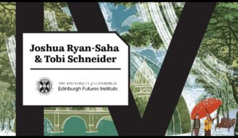 A graphic with the text “Joshua Ryan-Saha & Tobi Schneider” and “The University of Edinburgh, Edinburgh Futures Institute” over a large letter “V,” with an illustrated cityscape and two people walking under a red umbrella.