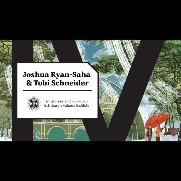 A graphic with the text “Joshua Ryan-Saha & Tobi Schneider” and “The University of Edinburgh, Edinburgh Futures Institute” over a large letter “V,” with an illustrated cityscape and two people walking under a red umbrella.