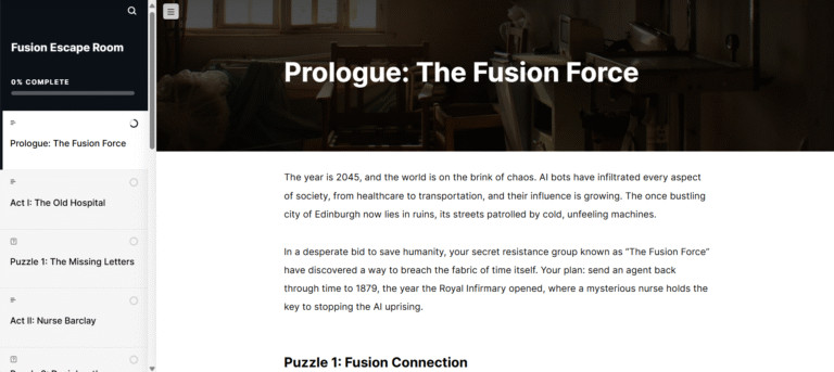 Screenshot of an online escape room game titled "Fusion Escape Room," showing the prologue “The Fusion Force” with introductory story text and a navigation menu on the left. The main content describes a futuristic setting.