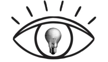 A black and white drawing of an eye with a light bulb in place of the pupil. Lines above the eye represent eyelashes or rays of light.