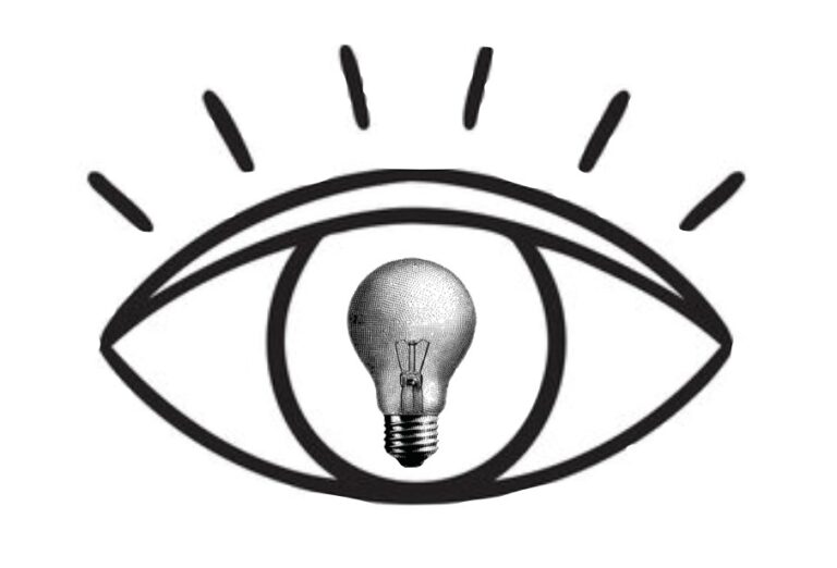 A black and white drawing of an eye with a light bulb in place of the pupil. Lines above the eye represent eyelashes or rays of light.