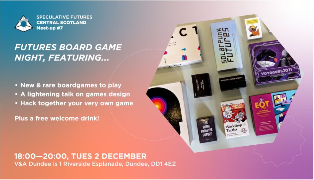 Event flyer for "Futures Board Game Night" with colorful text and images of various board games. Details include date, time, location, free welcome drink, and activities like playing rare games and a game design session.