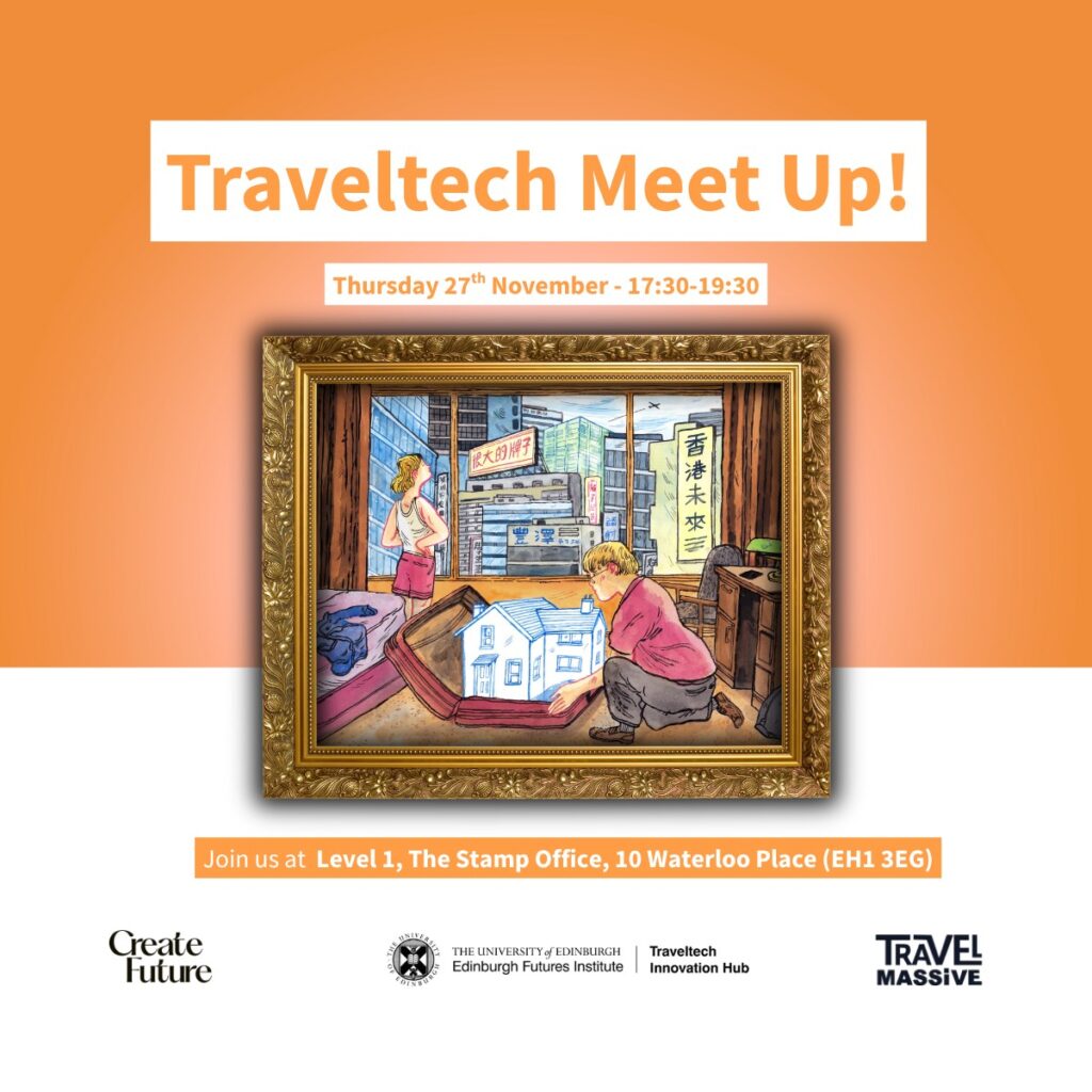 Event poster for “Traveltech Meet Up!” on Thursday, 27th November, 17:30–19:30, at Level 1, The Stamp Office, 10 Waterloo Place (EH1 3EG). Includes a framed illustration of people planning travel indoors. Logos at bottom.