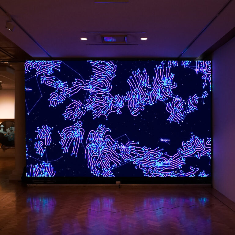 A glowing digital art installation displays blue and purple abstract, wavy lines over a starry background with constellation names in Spanish, set in a dimly lit gallery with wooden floors.