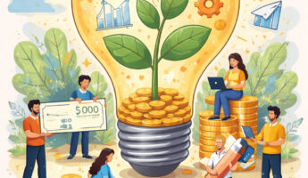 Illustration of people collaborating around a giant lightbulb with a plant growing from coins, symbolizing innovation and financial growth. People work with laptops, coins, a check, and rocket icons, representing investment and teamwork. This image was generated using ChatGPT.
