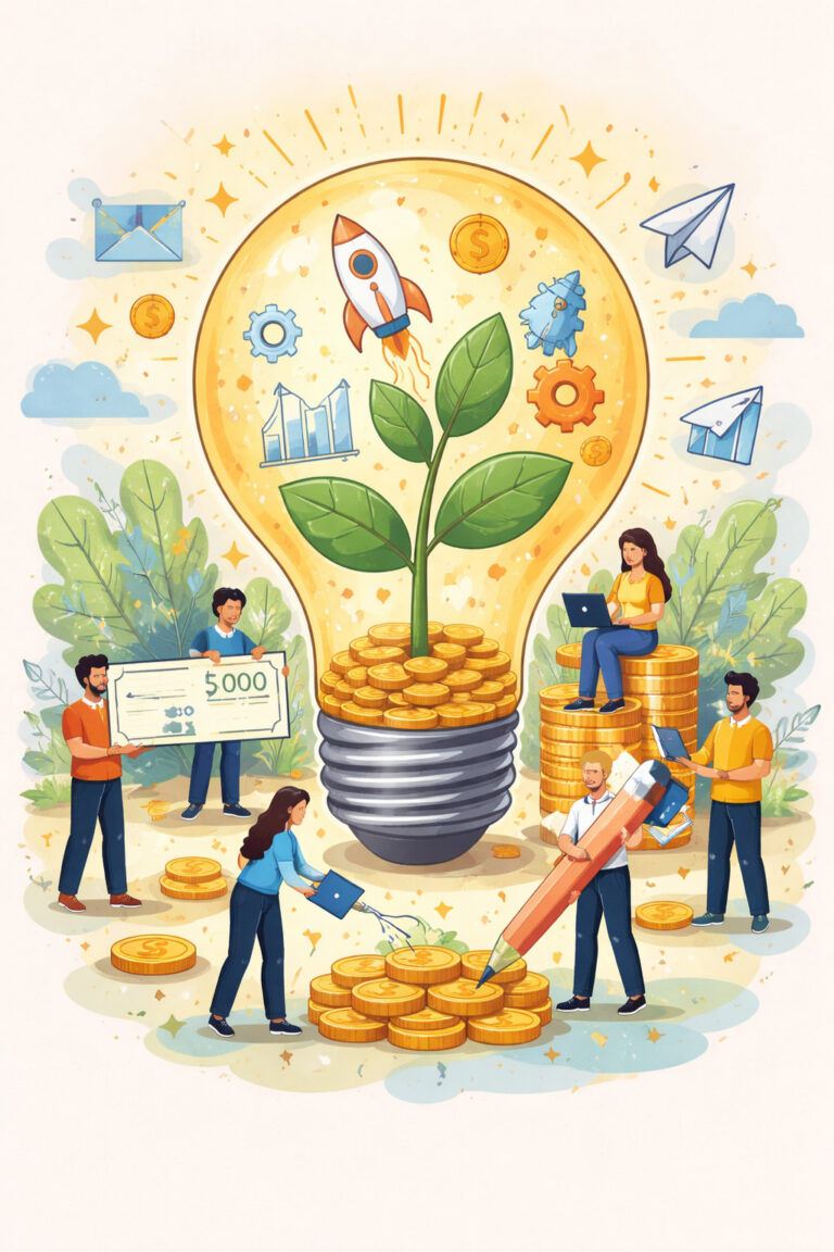 Illustration of people collaborating around a giant lightbulb with a plant growing from coins, symbolizing innovation and financial growth. People work with laptops, coins, a check, and rocket icons, representing investment and teamwork. This image was generated using ChatGPT.
