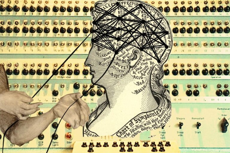A collage featuring a vintage illustration of a phrenology head with black lines connecting labeled brain areas, set against an old electronic switchboard background and a hand holding string in the foreground.