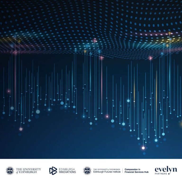 Abstract digital illustration with vertical blue lines and glowing dots resembling data or sound waves on a dark background. At the bottom, several logos of organizations are arranged in a white band.