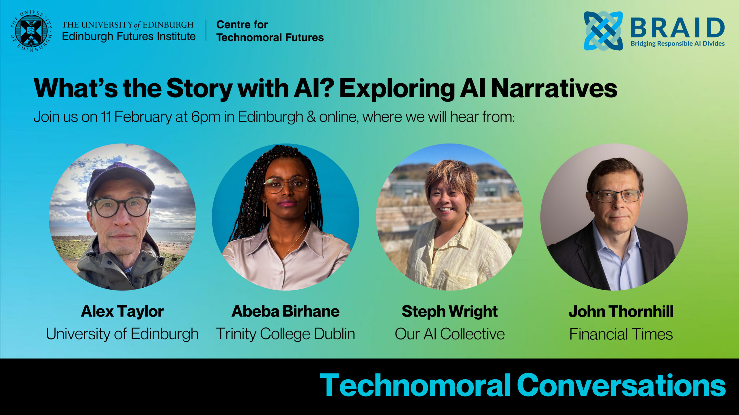 Promotional graphic for an event titled “What’s the Story with AI? Exploring AI Narratives” featuring headshots and names of Alex Taylor, Abeba Birhane, Steph Wright, and John Thornhill. Event is on 11 February at 6pm in Edinburgh and online.