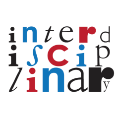 The word "interdisciplinary" is written with each letter in different fonts, sizes, and colors (black, blue, red), arranged in a playful and overlapping layout on a white background.