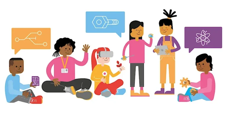 Illustration of five children engaged in activities.