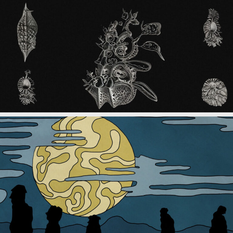 A split image: the top half shows intricate white line drawings of various sea creatures on a black background; the bottom half features silhouettes of people in front of a stylised, abstract yellow moon and blue clouds.