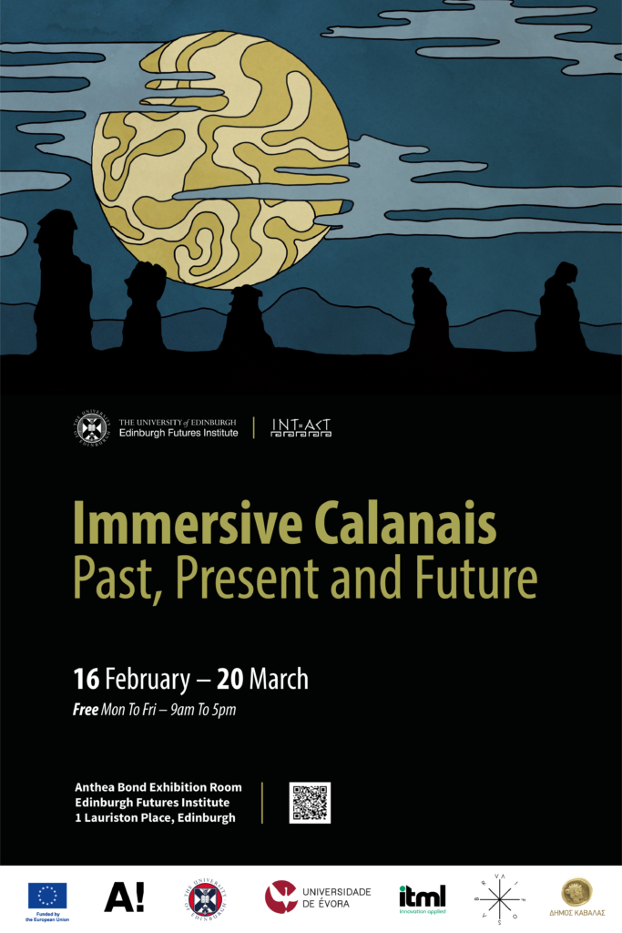 Poster for “Immersive Calanais: Past, Present and Future” featuring silhouettes of standing stones and people against a yellow patterned sun. Exhibition dates: 16 February–20 March at Edinburgh Futures Institute.