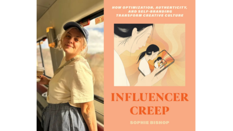 A smiling woman in casual clothes holds a drink on a train. Next to her is the book cover for "Influencer Creep" by Sophie Bishop, featuring illustrated women and a mobile with a selfie on an orange background.