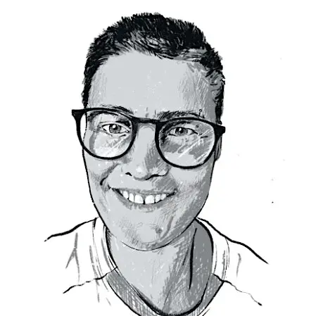 A black and white sketch of a person with short hair, wearing large round glasses and a crew-neck shirt, smiling at the viewer.