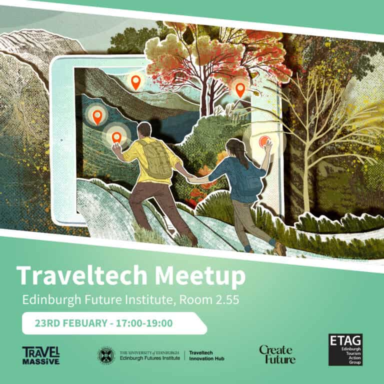 Illustration of two people hiking with map location icons over a landscape. Event details: "Traveltech Meetup, Edinburgh Future Institute, Room 2.55, 23 February, 17:00–19:00." Various logos are shown at the bottom.