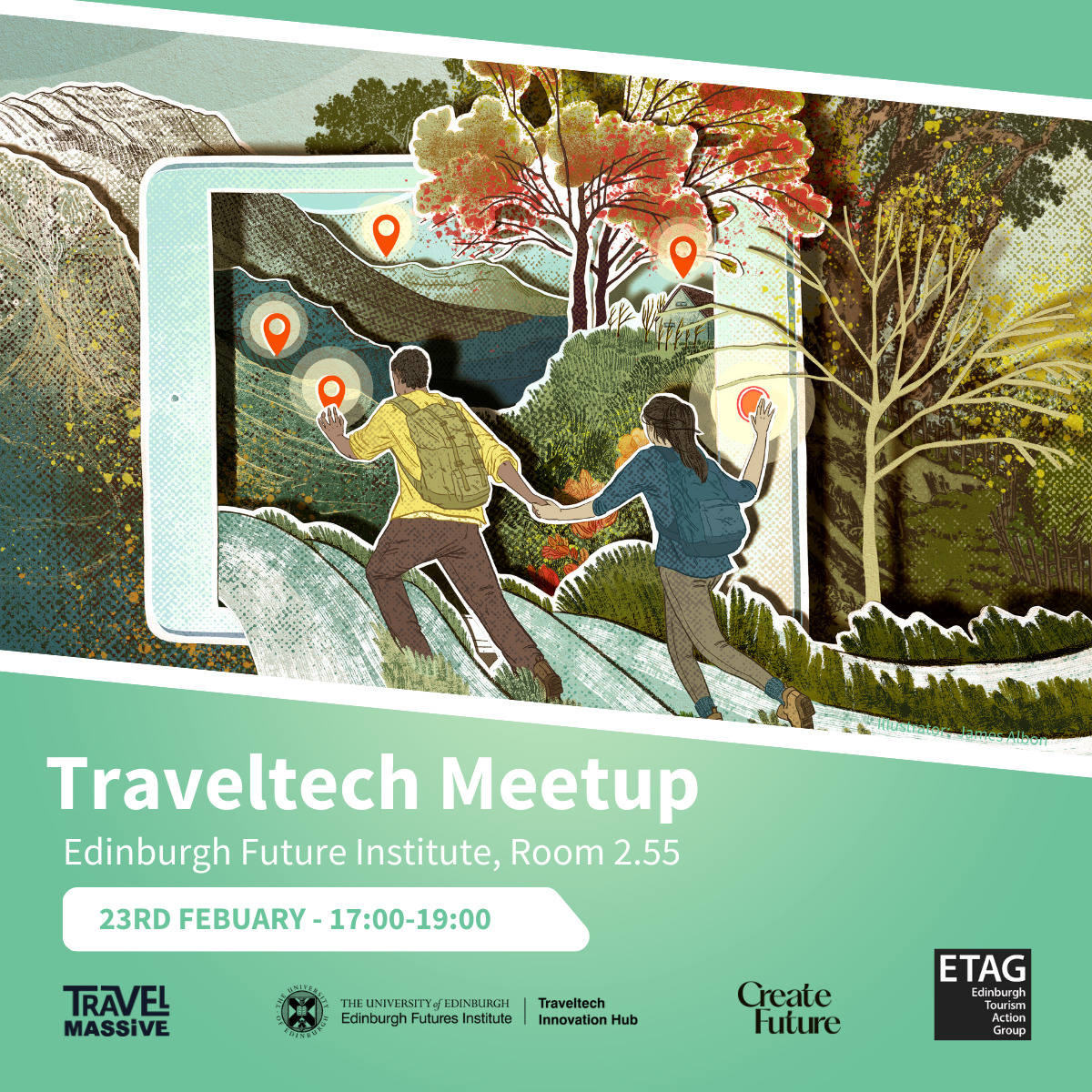 Illustration of two people hiking with map location icons over a landscape. Event details: "Traveltech Meetup, Edinburgh Future Institute, Room 2.55, 23 February, 17:00–19:00." Various logos are shown at the bottom.