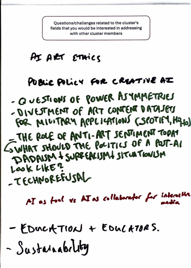 A handwritten page titled "AI Art Ethics" lists topics such as power asymmetries, divestment of AI art datasets for military use, anti-art sentiment, post-AI Dadaism, technorealism, education, and sustainability.